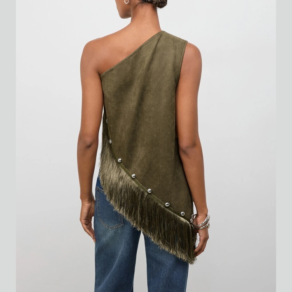 Olive Green Faux Suede Studded Fringe Asymmetrical Top - Picture 3 of 8